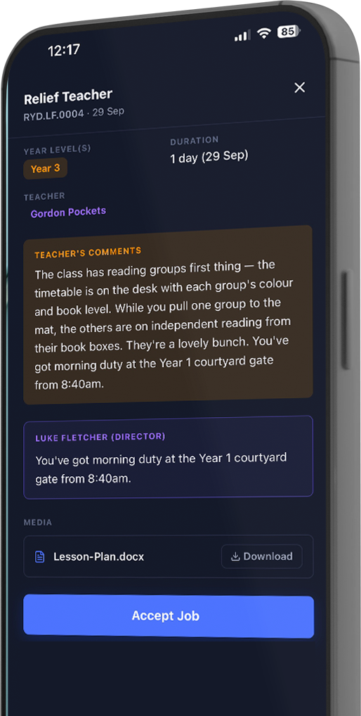Relay mobile app for relief teachers showing matched job opportunities and school briefings